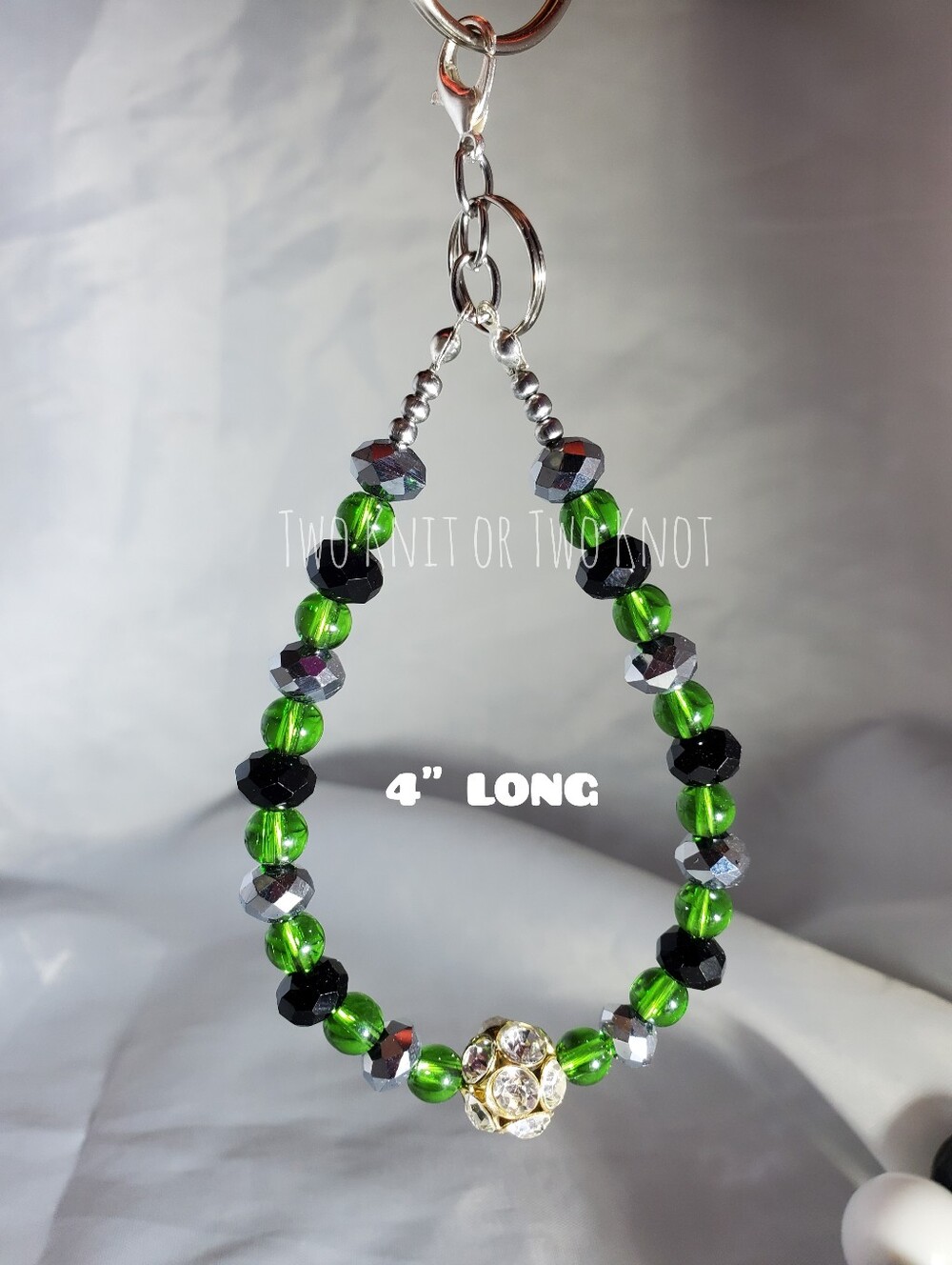 NWT Hand Crafted 4" Beaded Teardrop Charm Green Black Rhinestones Pavé Stainless
